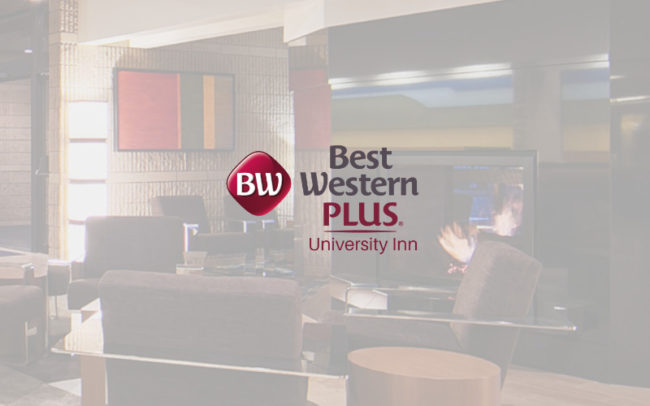 Best Western Plus University Inn logo at Palouse Place overlaid on image of the lobby