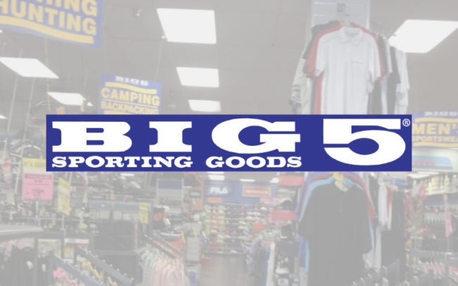 Big 5 Sporting Goods logo at Palouse Place overlaid on image of an aisle in the store