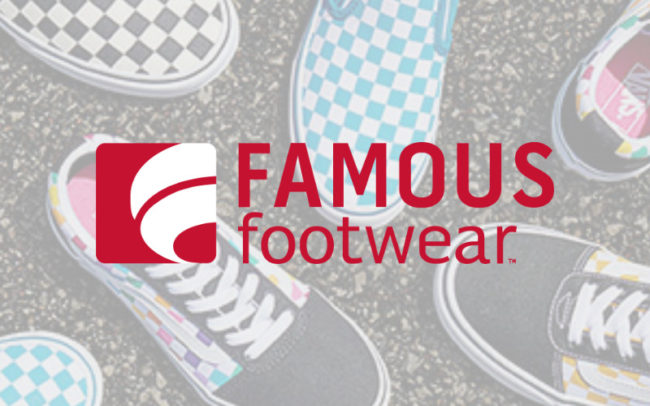 Famous Footwear logo overlaid on various Vans shoes on pavement
