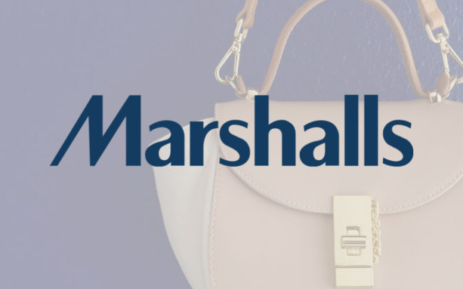 Marshalls logo at Palouse Place overlaid on image of a beige purse
