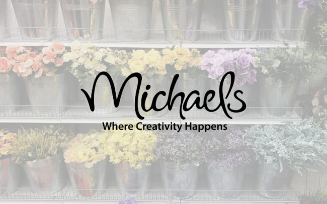 Michaels logo for Palouse Place overlaid on shelves of flowers in pots