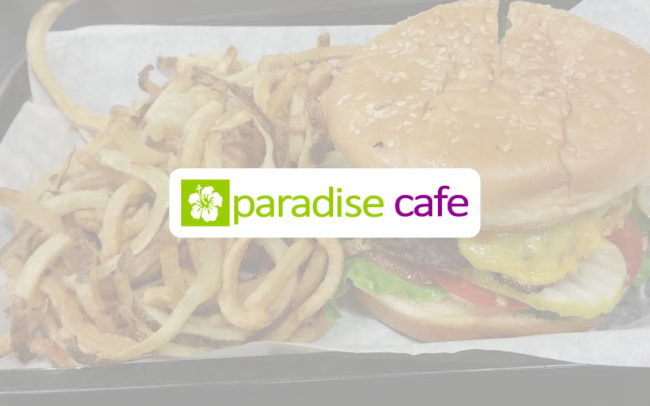 Paradise Cafe logo at Palouse Place overlaid on image of burger with string fries