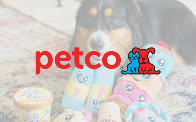 Petco logo at Palouse Place overalid on image of a dog with new toys
