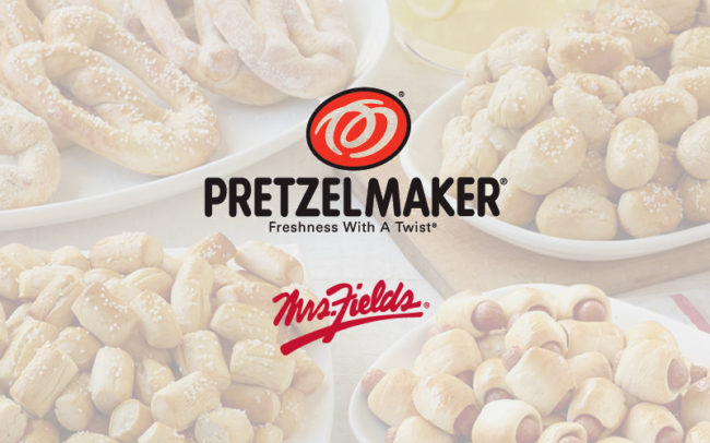 Pretzelmaker / Mrs/ Fields logo at Palouse Place overlaid on image of 4 pretzel dishes