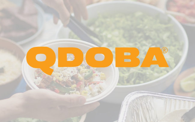 Qdoba logo at Palouse Place overlaid on image of hands serving up from catering