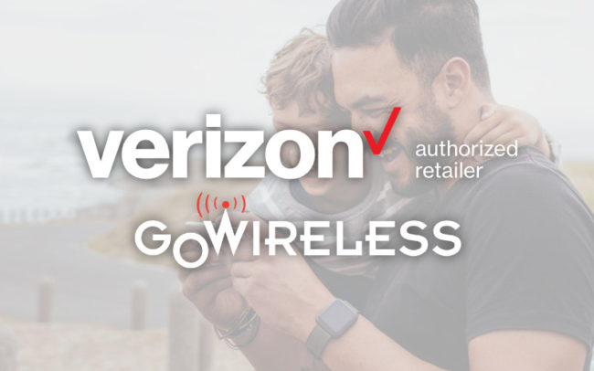 Verizon and Go Wireless logos overlaid on picture of dad with son viewing a phone