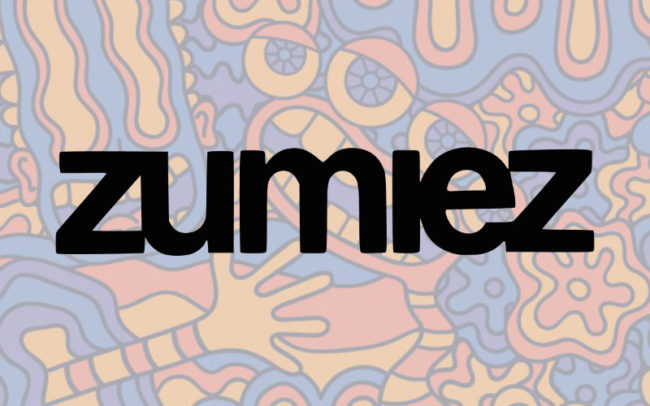 Zumiez logo overlaid on top of a psychedelic blue and orange background with wavy characters